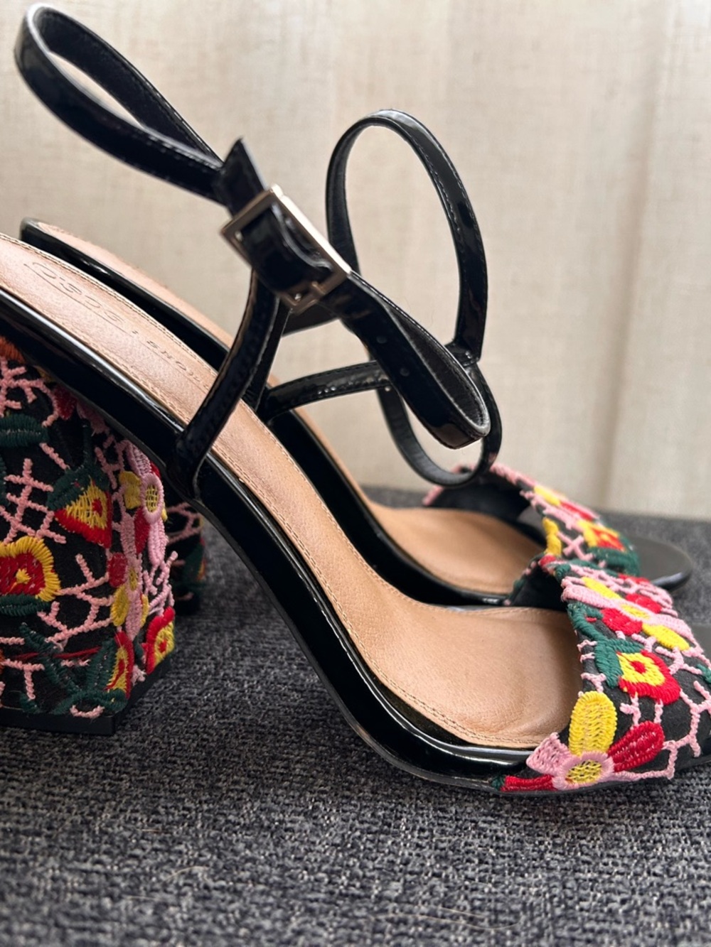 ASOS Black Strappy Block Heels with Multicolor Floral Embroidery